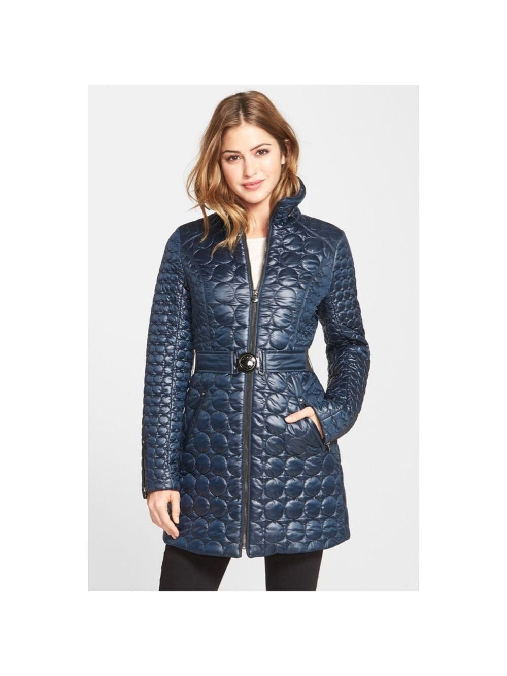 Laundry by Shelli Segal Navy Puffer Coat with Leopard Lining, Size L